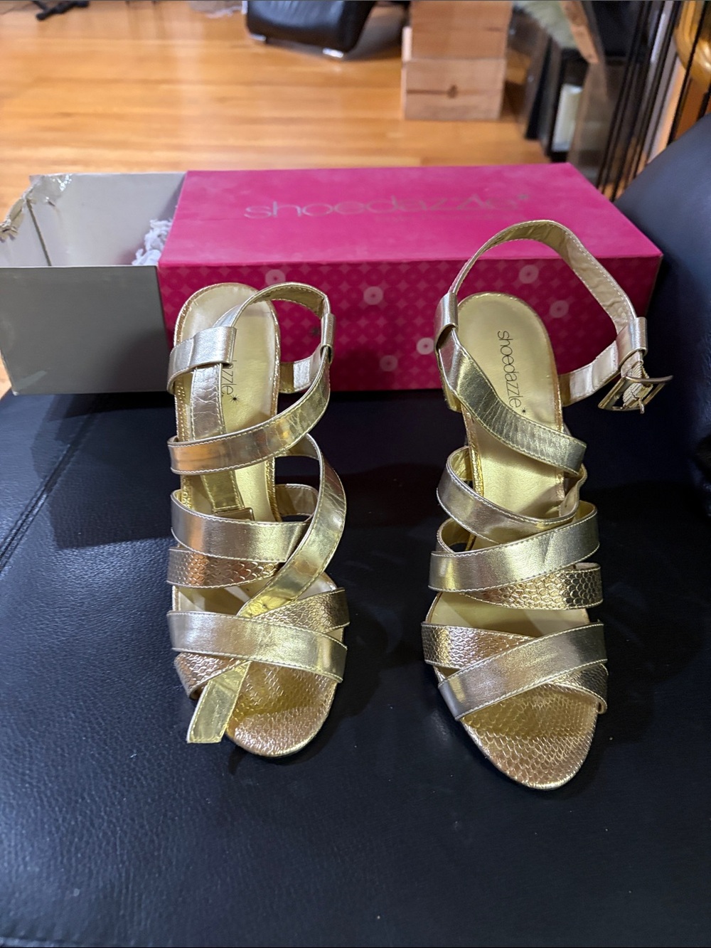 Shoe Dazzle Metallic Gold Strappy Heeled Sandals